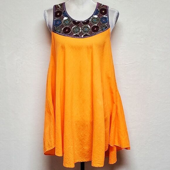 TEN Design Neon Tangerine Sequin Floral Embroidered Trapeze Dress Small - Picture 4 of 15